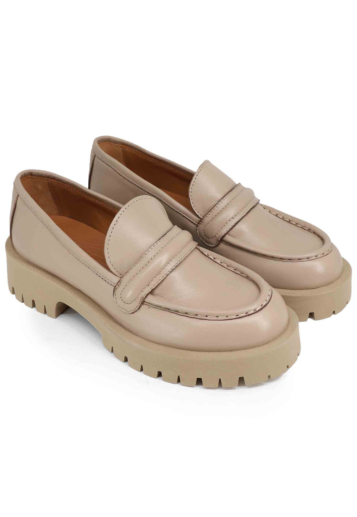 Spatarella Mocassini Donna In Pelle Beige Con Suola In Gomma Carrarmato