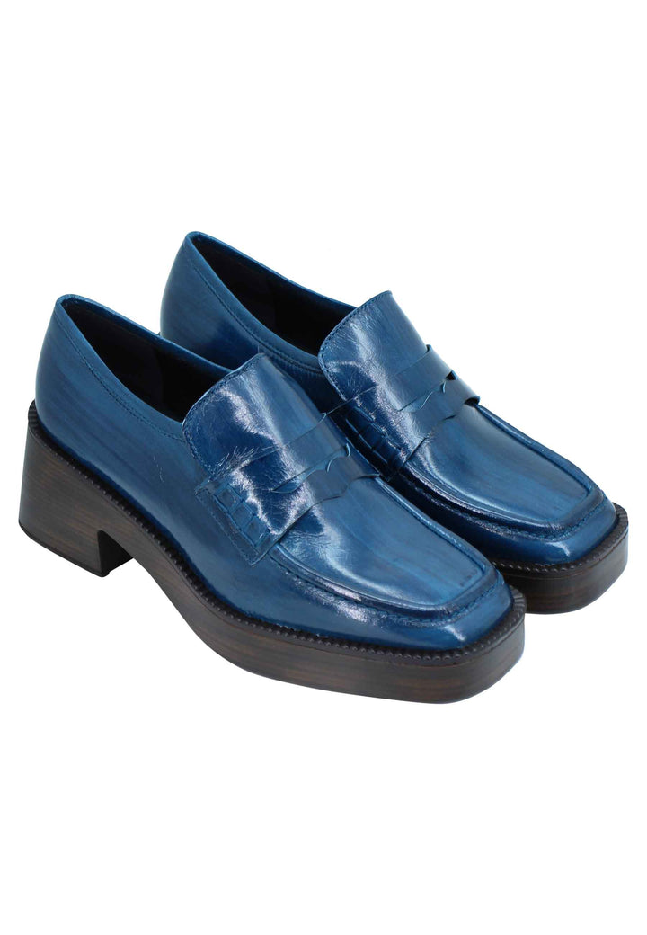 Spatarella Mocassini Donna In Pelle Blu Con Tacco E Plateau In Gomma
