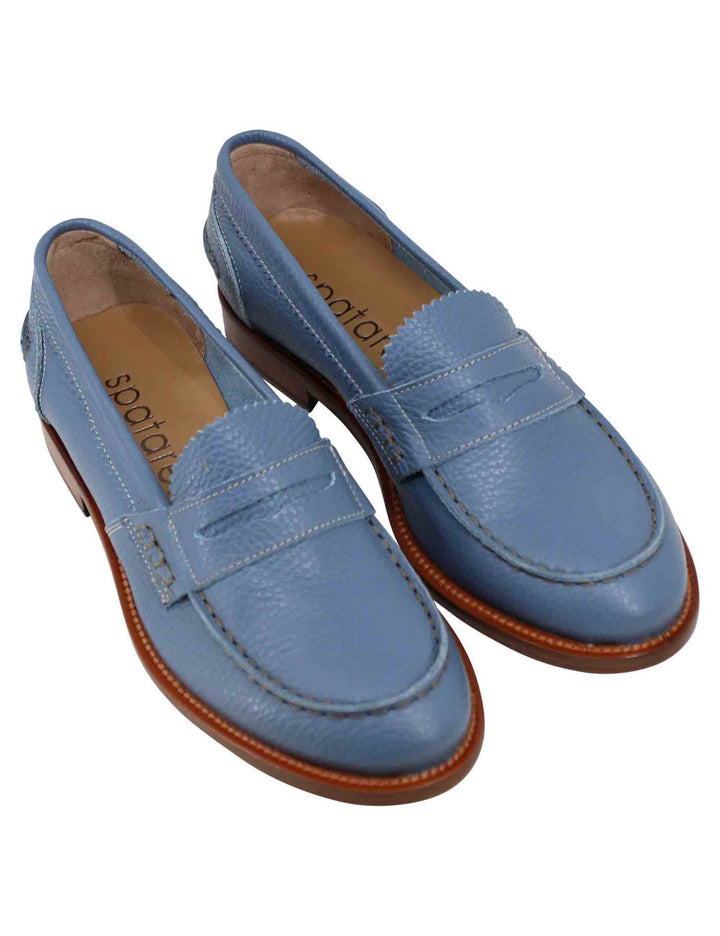 Spatarella Mocassini Donna In Pelle Celeste Con Bendina In Tono E Suola In Cuoio