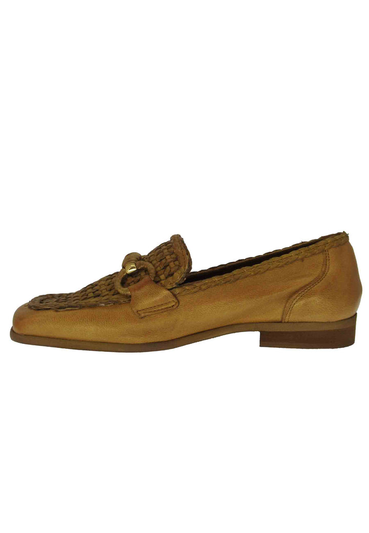 Spatarella Mocassini Donna In Pelle Cuoio Con Bendina Intrecciata A Tono E Tacco Basso