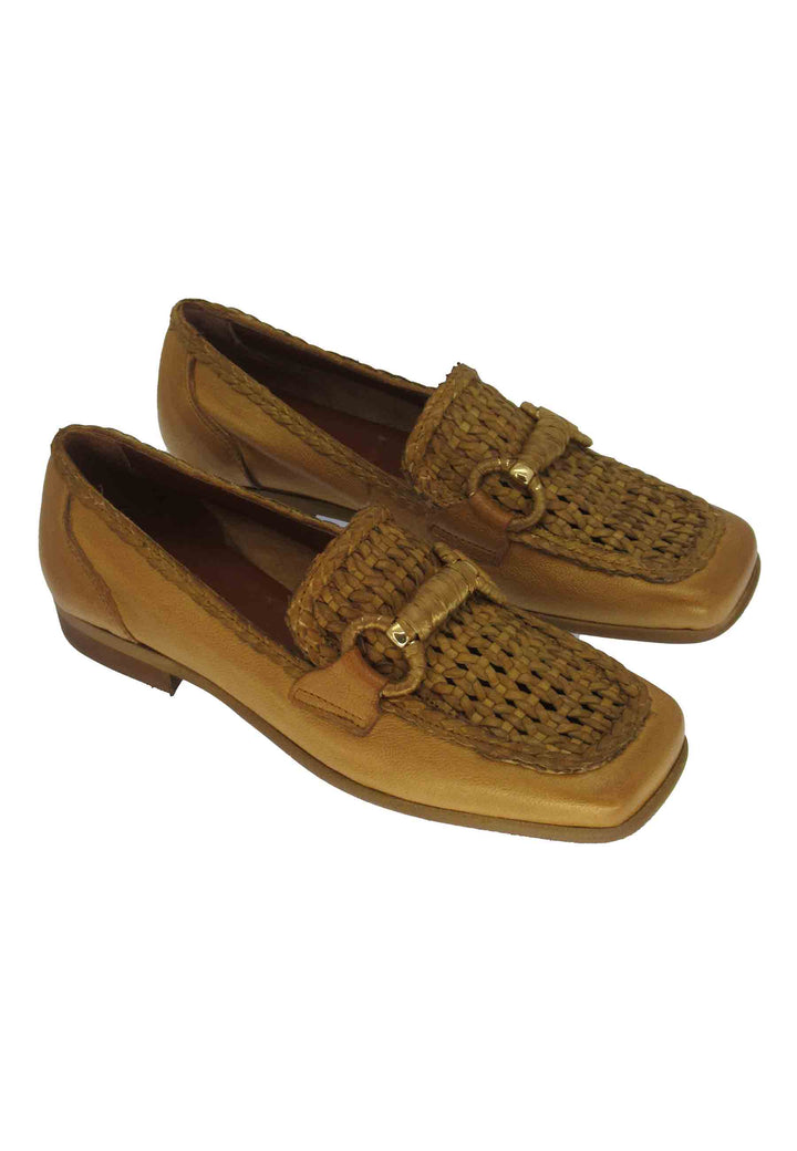 Spatarella Mocassini Donna In Pelle Cuoio Con Bendina Intrecciata A Tono E Tacco Basso