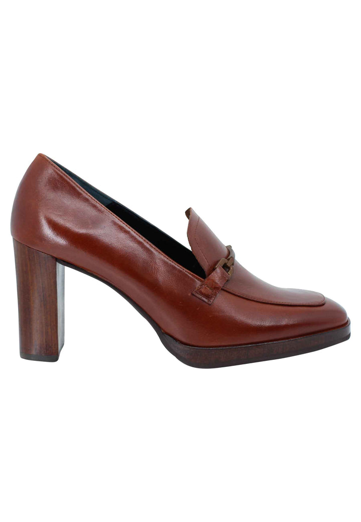 Spatarella Mocassini donna in pelle cuoio tacco alto e punta quadra con morsetto in tinta