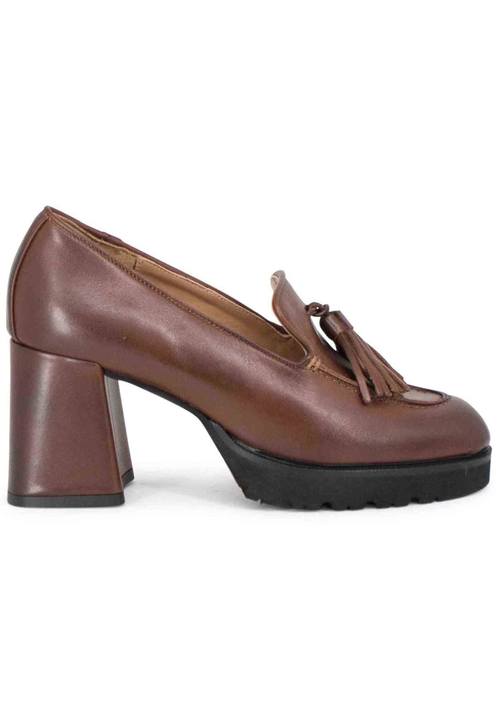 Spatarella Mocassini Donna In Pelle Marrone Con Nappine E Tacco Alto