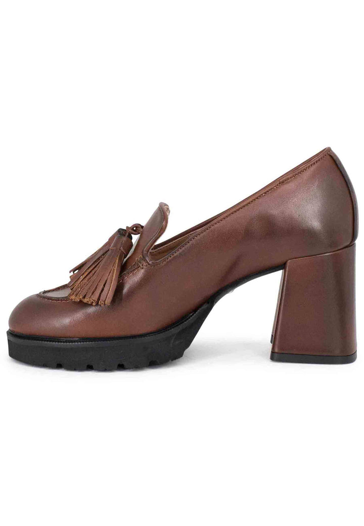 Spatarella Mocassini Donna In Pelle Marrone Con Nappine E Tacco Alto