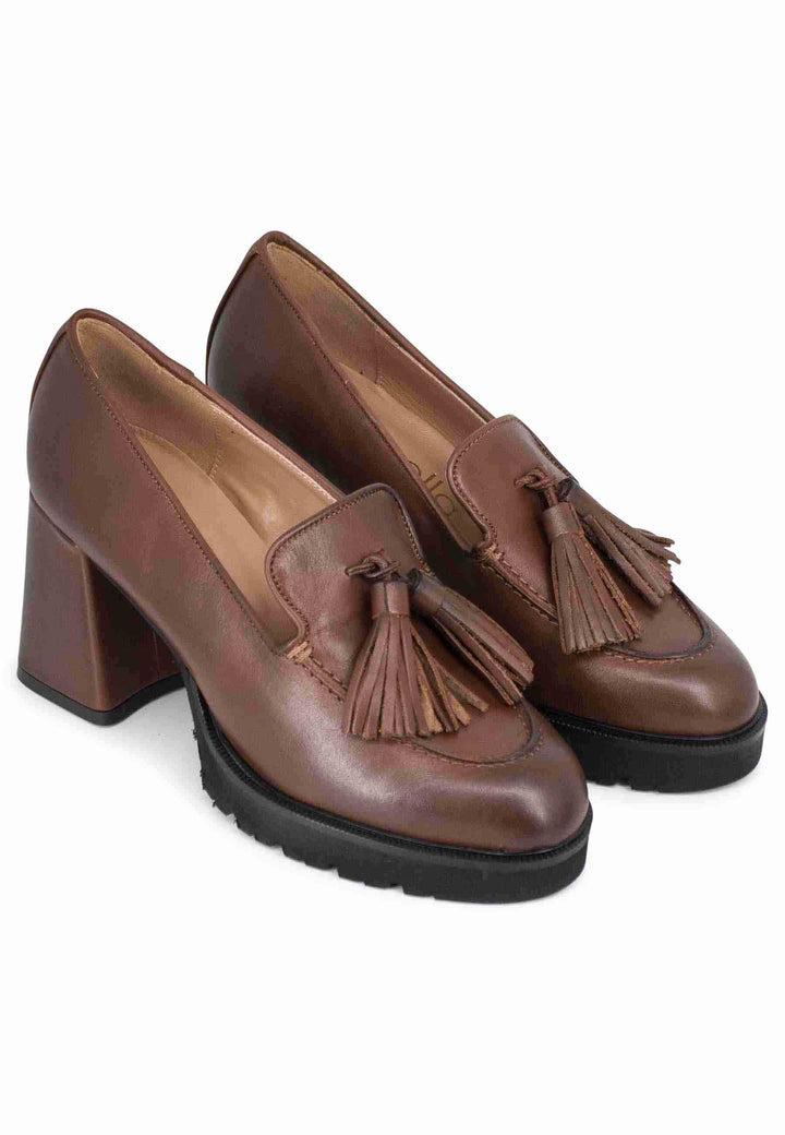 Spatarella Mocassini Donna In Pelle Marrone Con Nappine E Tacco Alto