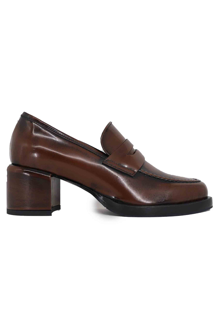 Spatarella Mocassini Donna In Pelle Marrone Con Tacco In Pelle E Punta Tonda