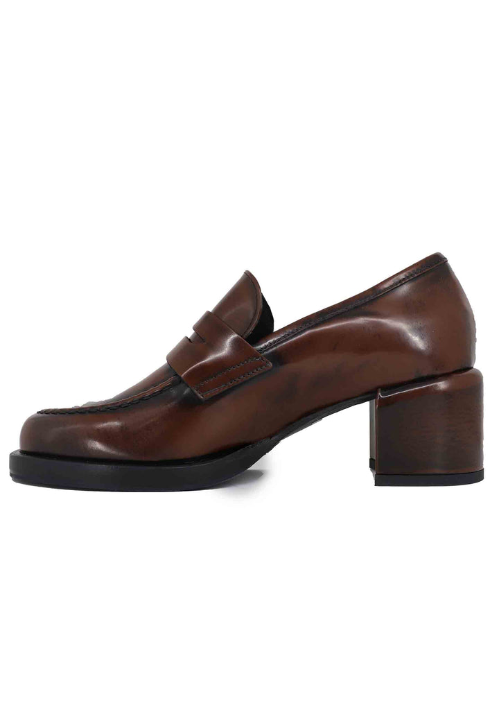 Spatarella Mocassini Donna In Pelle Marrone Con Tacco In Pelle E Punta Tonda
