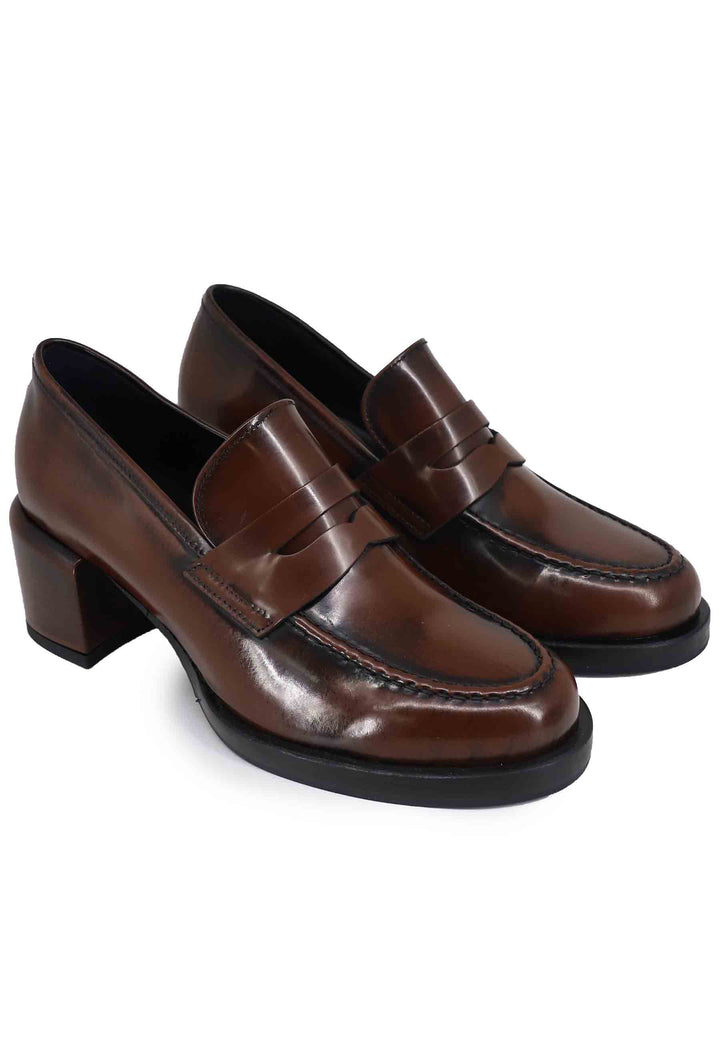 Spatarella Mocassini Donna In Pelle Marrone Con Tacco In Pelle E Punta Tonda