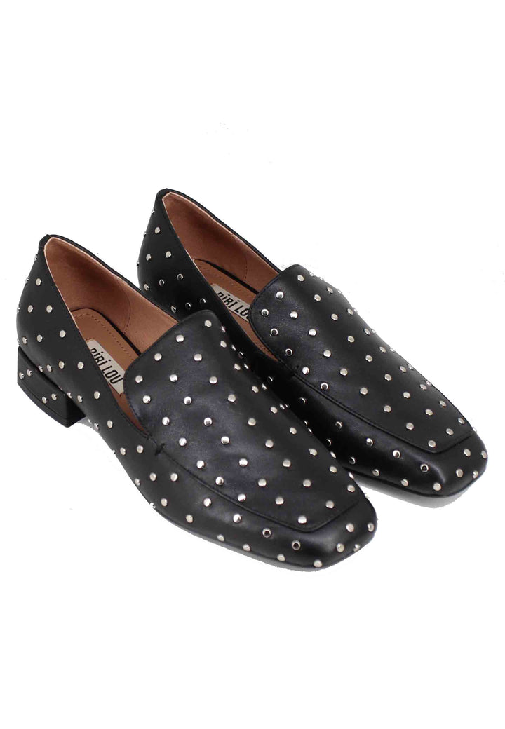 Spatarella Mocassini Donna In Pelle Nera Con Borchie Argento Lillian