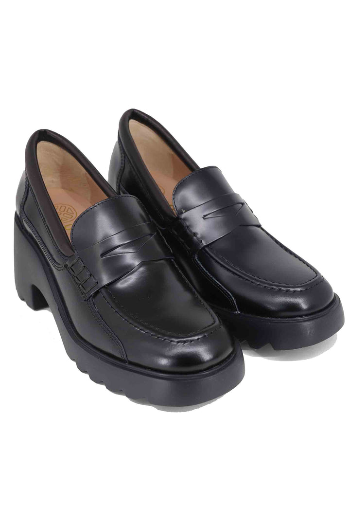 Spatarella Mocassini Donna In Pelle Nera Con Suola Alta In Gomma