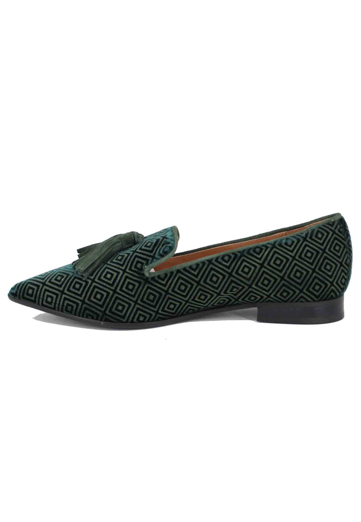Spatarella Mocassini Donna In Velluto Jacquard Verde Con Nappine