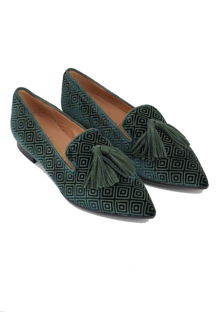 Spatarella Mocassini Donna In Velluto Jacquard Verde Con Nappine