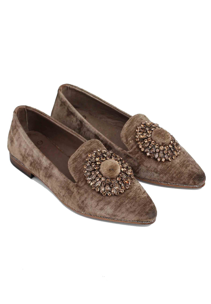 Spatarella Mocassini Donna In Velluto Taupe Con Fibbia E Tacco Basso