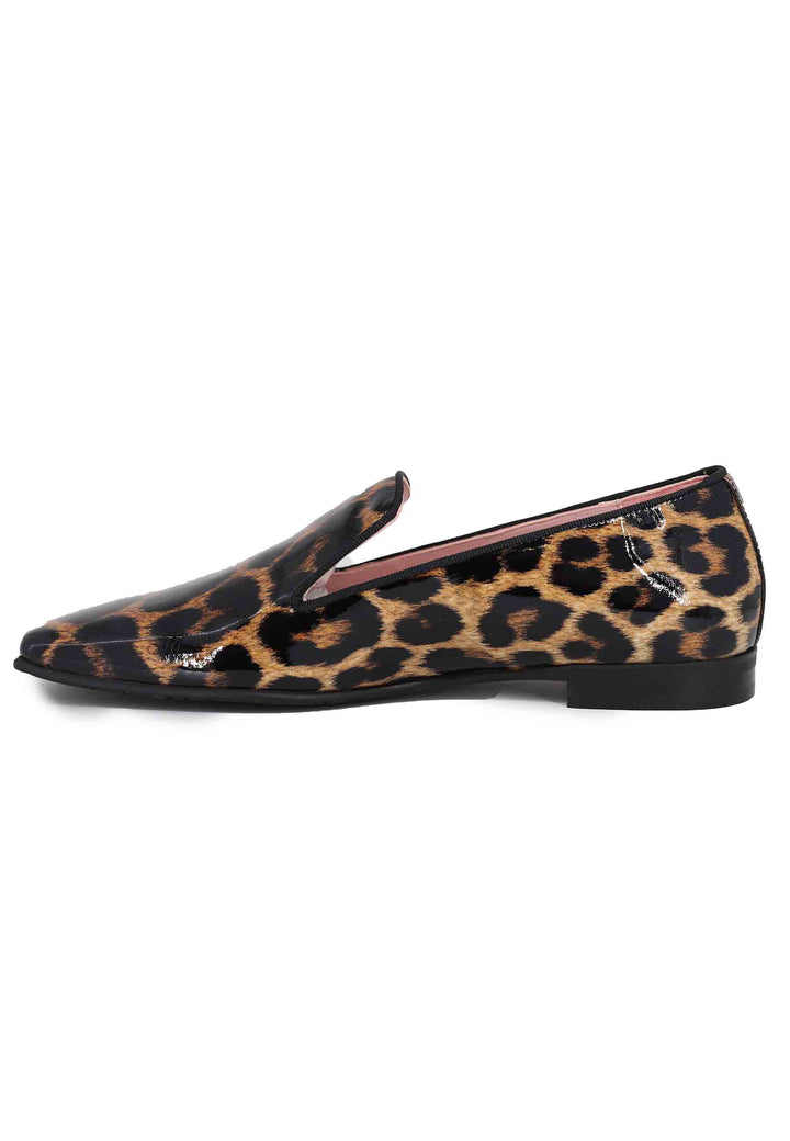 Spatarella Mocassini Donna In Vernice Leopardate Con Tacco Basso E Punta Quadra