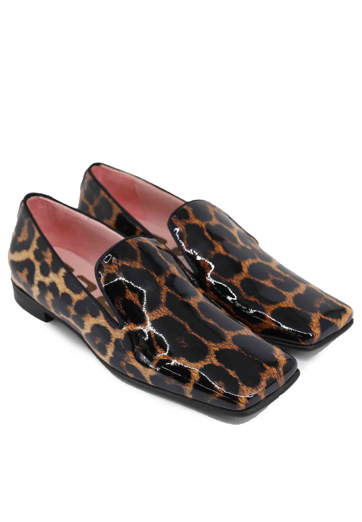 Spatarella Mocassini Donna In Vernice Leopardate Con Tacco Basso E Punta Quadra