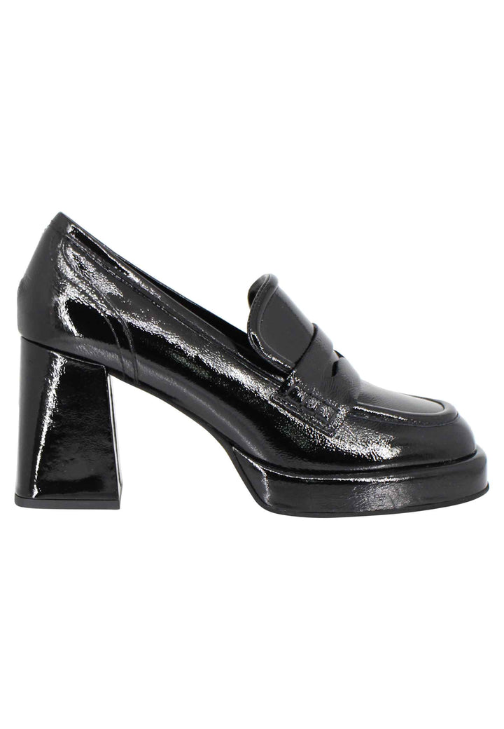 Spatarella Mocassini Donna In Vernice Nera Con Tacco Alto Plateau E Punta Quadra