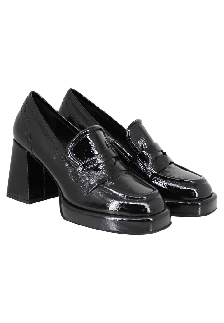 Spatarella Mocassini Donna In Vernice Nera Con Tacco Alto Plateau E Punta Quadra