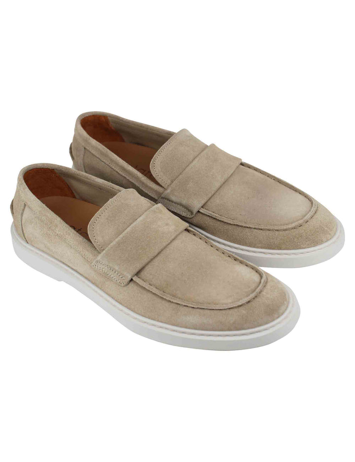 Spatarella Mocassini Uomo In Camoscio Beige Con Suola In Gomma Bianca
