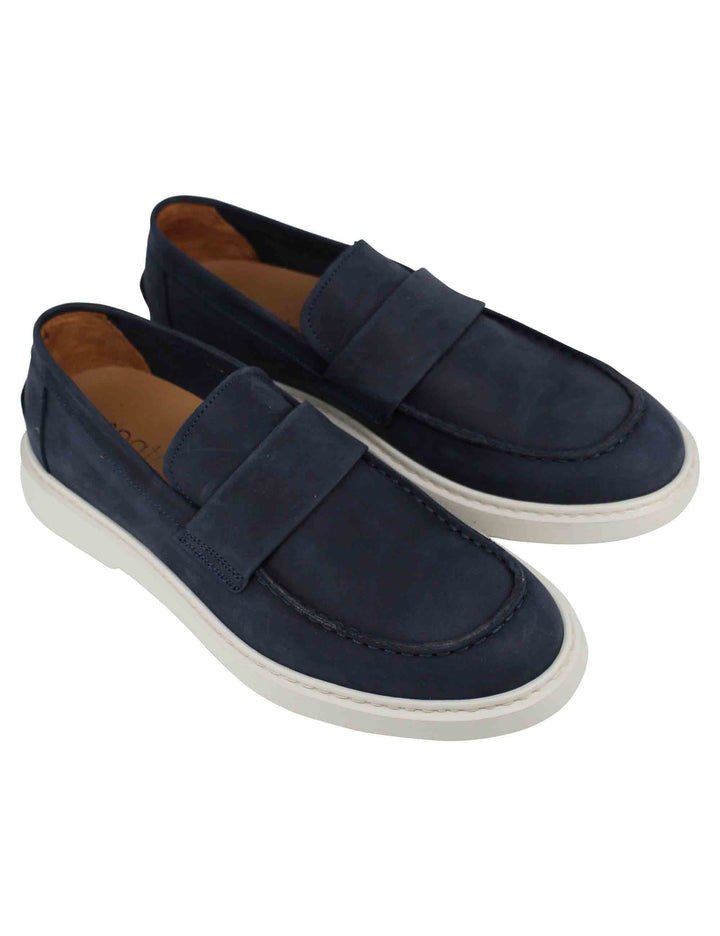 Spatarella Mocassini Uomo In Camoscio Blu Con Suola In Gomma Bianca