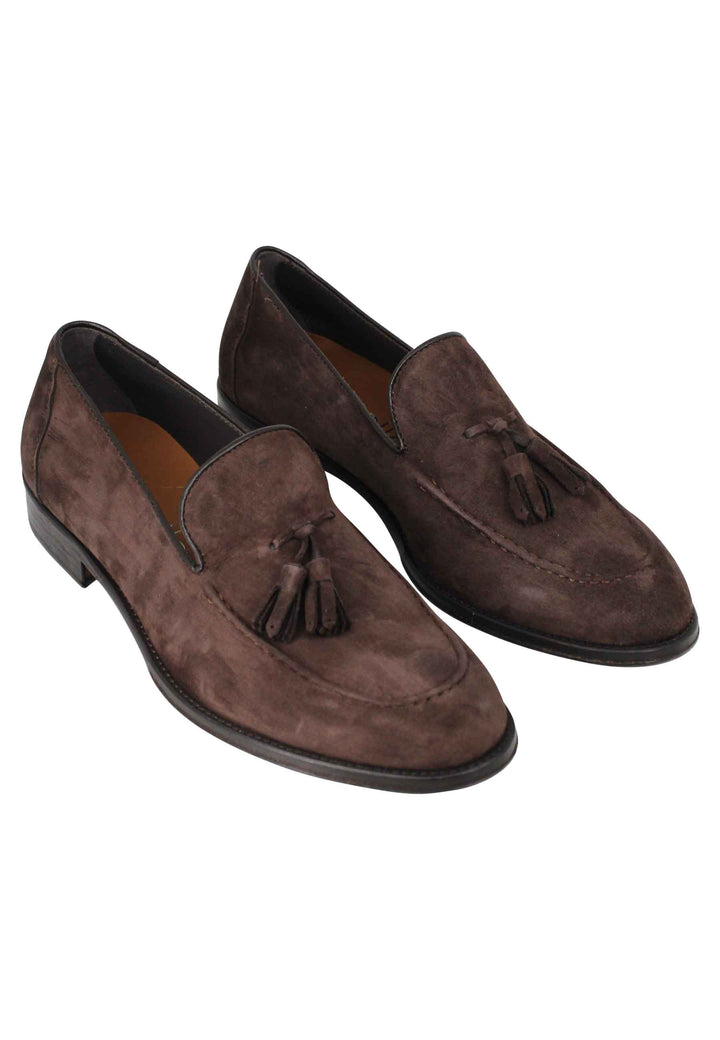 Spatarella Mocassini Uomo In Camoscio Testa Di Moro Con Nappine E Suola In Cuoio Cucita