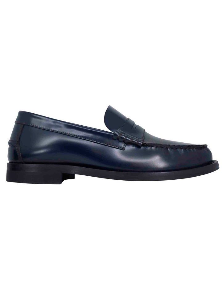 Spatarella Mocassini uomo in pelle blu con suola in cuoio cucita
