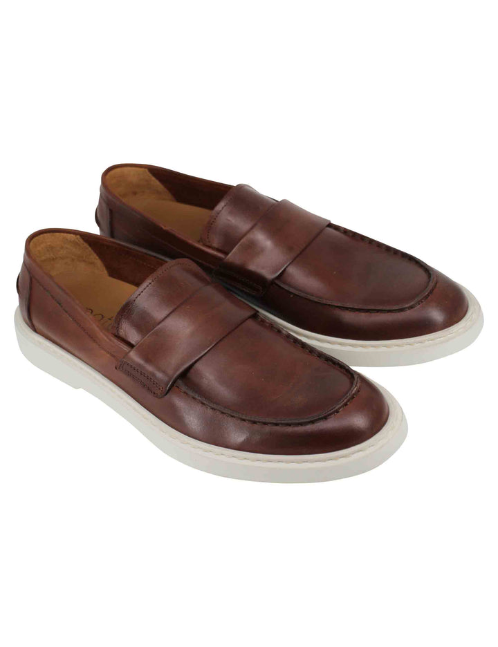 Spatarella Mocassini Uomo In Pelle Marrone Con Suola In Gomma Bianca
