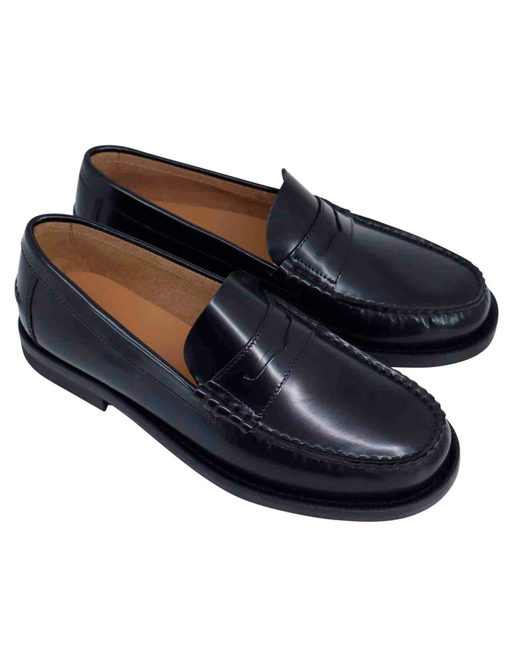 Spatarella Mocassini Uomo In Pelle Nera Con Suola In Cuoio Cucita