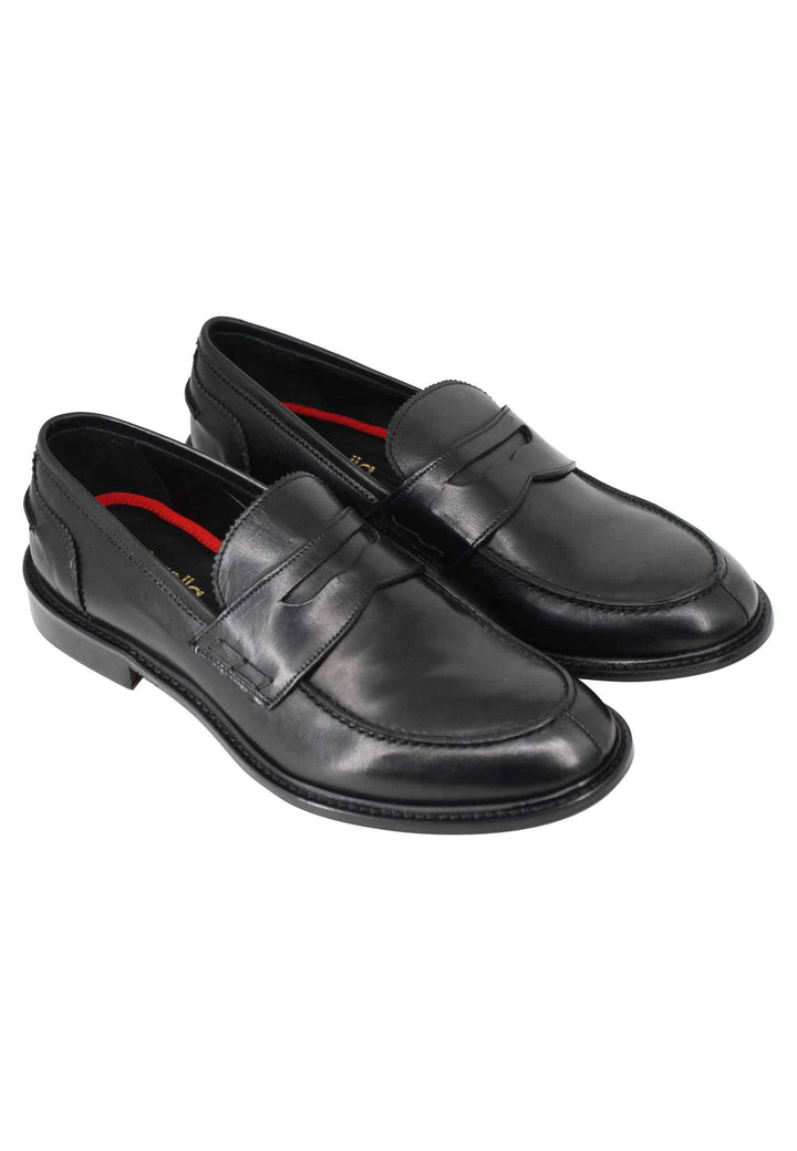 Spatarella Mocassini Uomo In Pelle Nera Con Suola In Cuoio Cucita