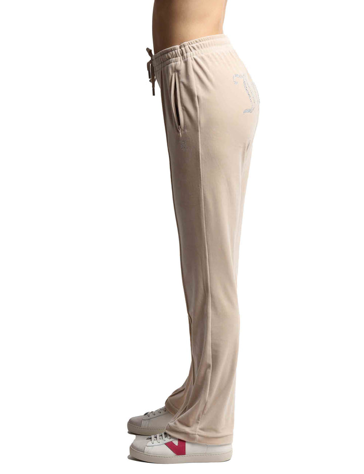 Spatarella Pantaloni Tuta Donna Tina In Tessuto Beige Con Strass