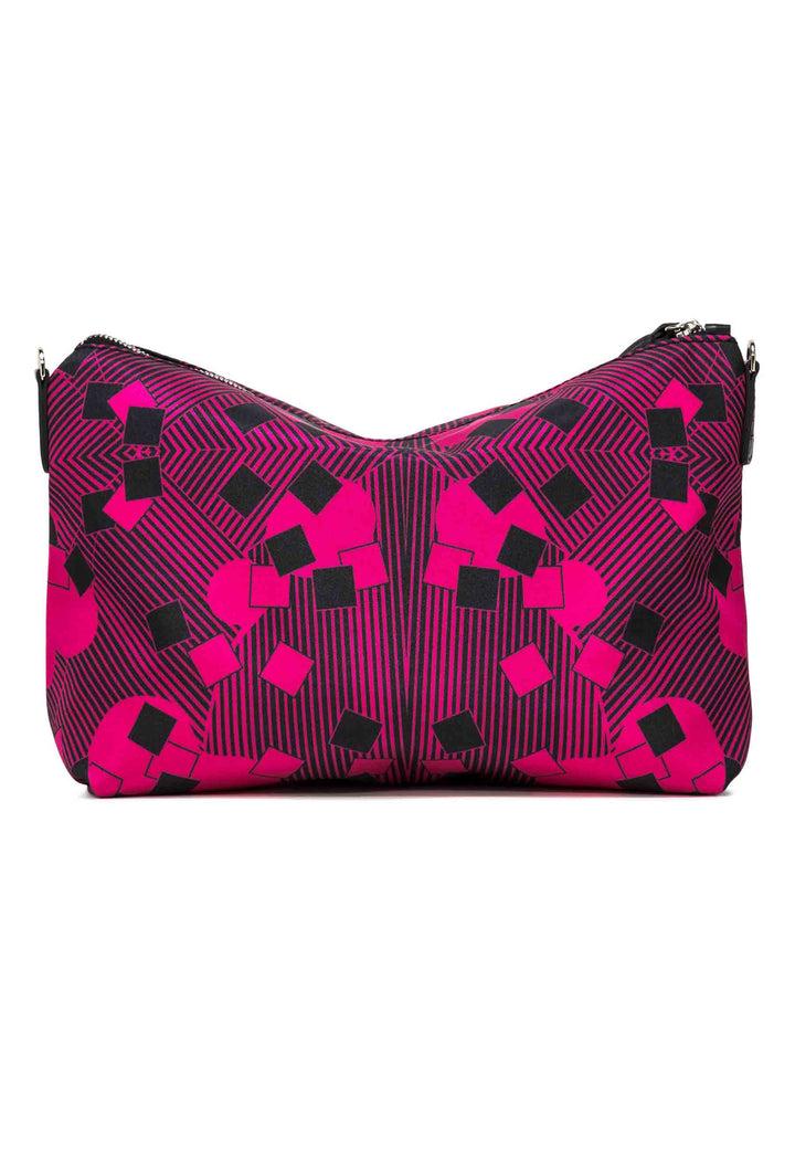 Spatarella Pochette Grande Donna In Tessuto Fuxia A Fantasia Con Manico E Tracolla In Pelle