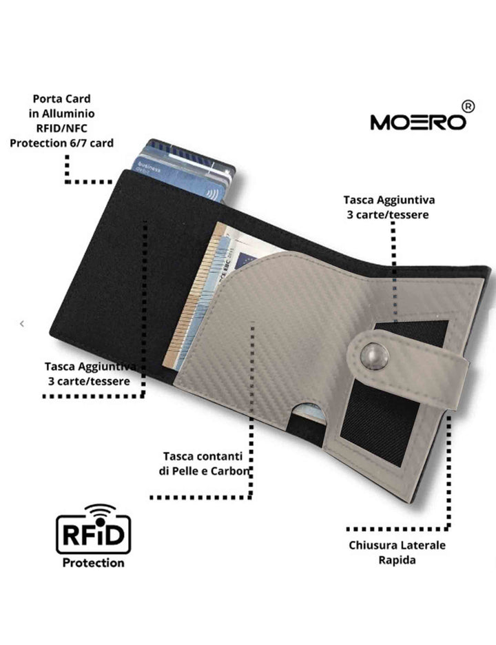 Spatarella Portatessere In Pelle Effetto Carbonio Colore Titanio Con Portamonete