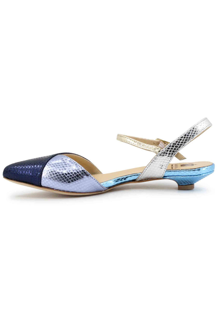Spatarella Sandali Bassi Donna In Pelle Laminata Blu Punta Chiusa Con Cinturino Alla Caviglia