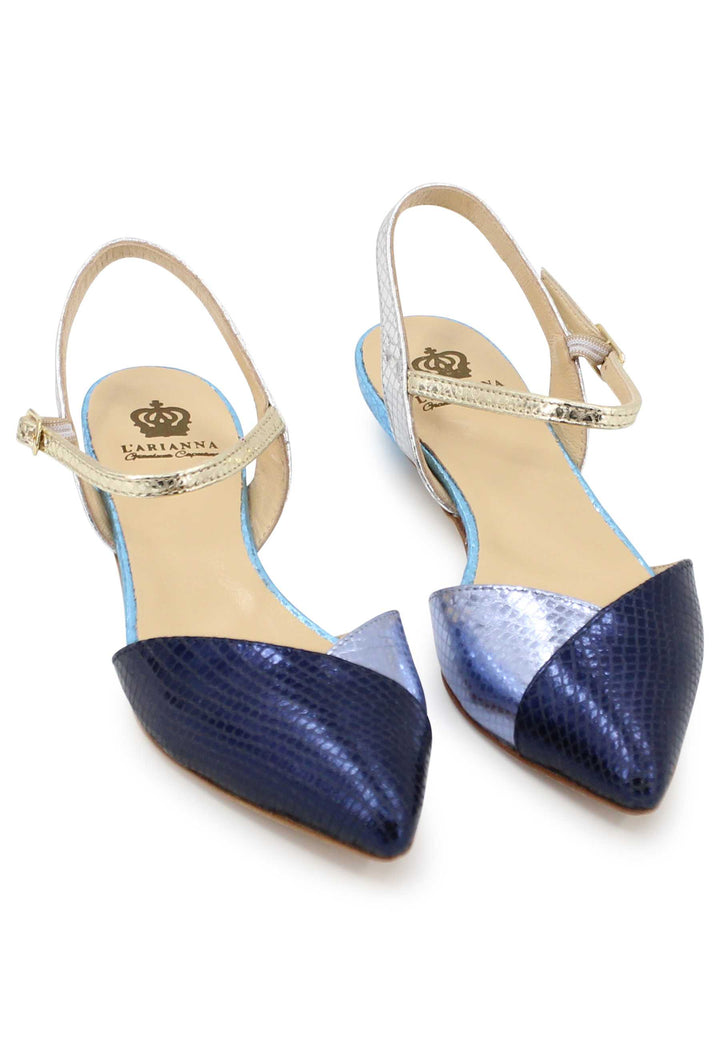 Spatarella Sandali Bassi Donna In Pelle Laminata Blu Punta Chiusa Con Cinturino Alla Caviglia