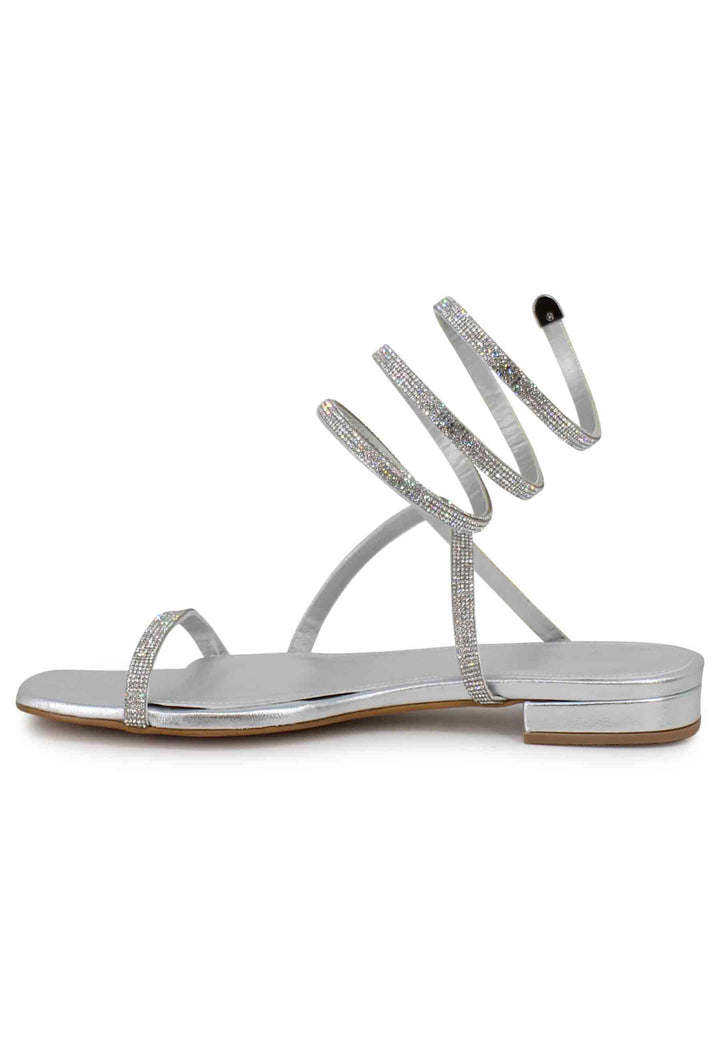 Spatarella Sandali Bassi Donna In Tessuto Argento Con Strass E Cavigliera A Serpente