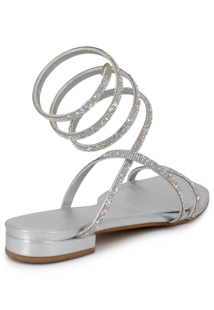 Spatarella Sandali Bassi Donna In Tessuto Argento Con Strass E Cavigliera A Serpente