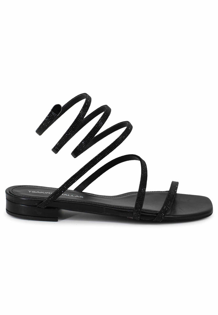 Spatarella Sandali Bassi Donna In Tessuto Nero Con Strass E Cavigliera A Serpente