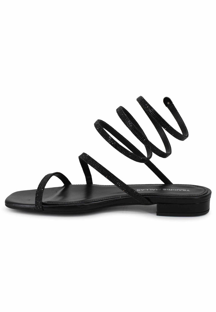 Spatarella Sandali Bassi Donna In Tessuto Nero Con Strass E Cavigliera A Serpente