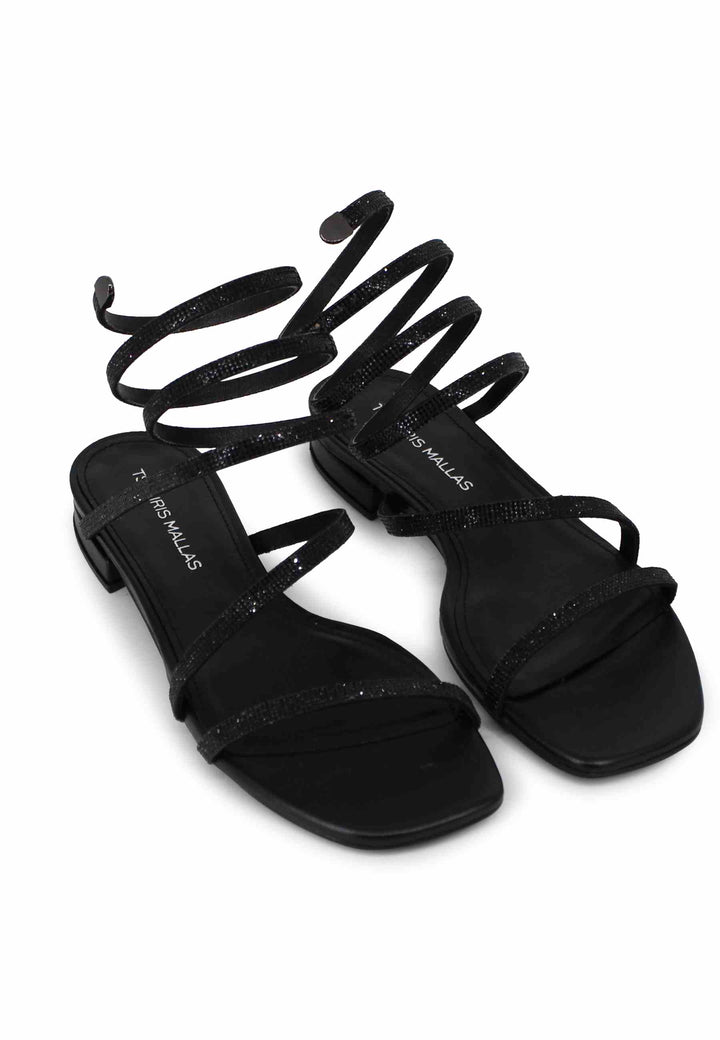 Spatarella Sandali Bassi Donna In Tessuto Nero Con Strass E Cavigliera A Serpente