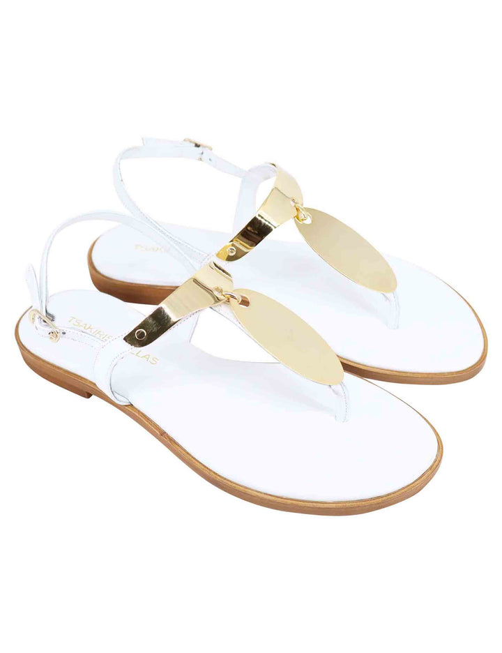 Spatarella Sandali Bassi Donna Infradito In Pelle Bianca Con Placche In Oro
