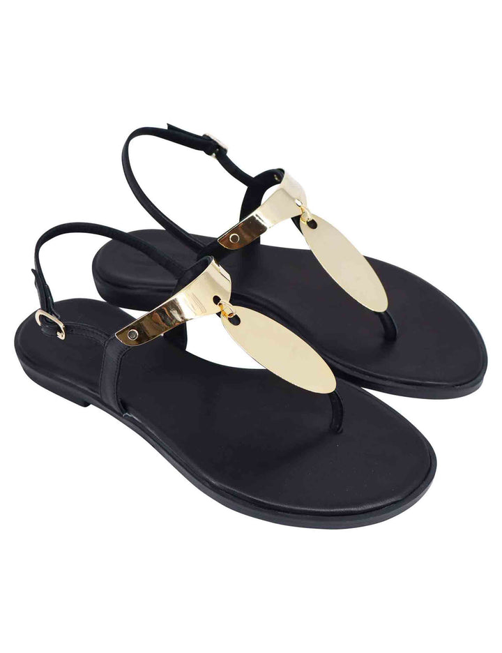 Spatarella Sandali Bassi Donna Infradito In Pelle Nera Con Placche In Oro