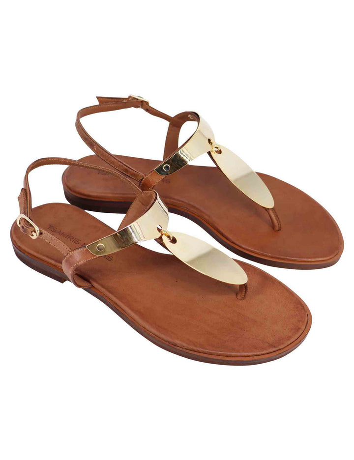 Spatarella Sandali Bassi Infradito In Pelle Cuoio Con Placche In Oro