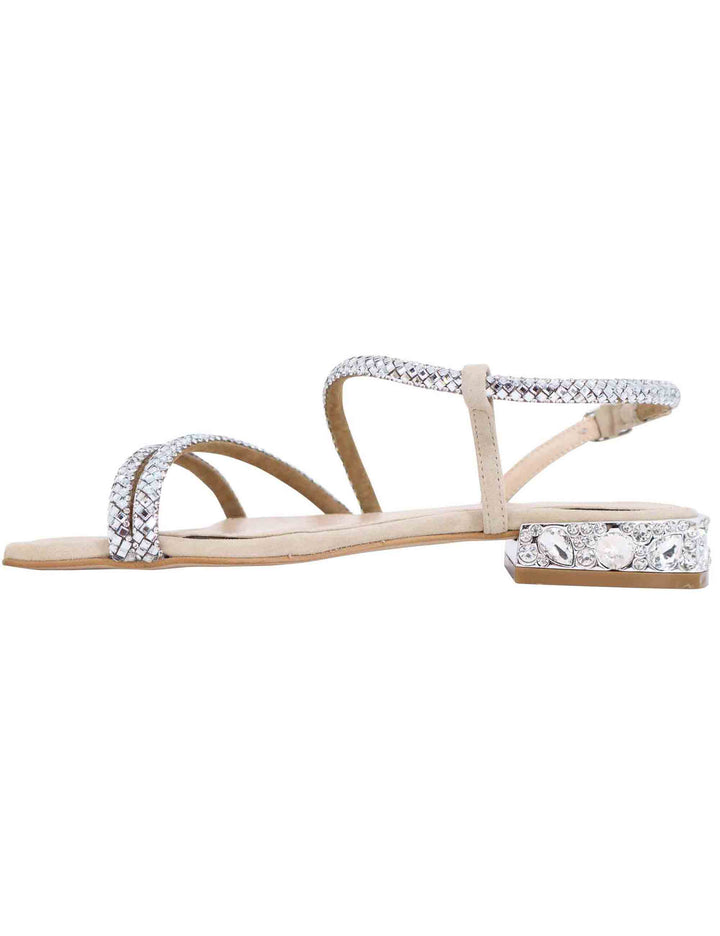 Spatarella Sandali Bassi Slingback Donna In Camoscio Beige Con Strass E Tacco Gioiello