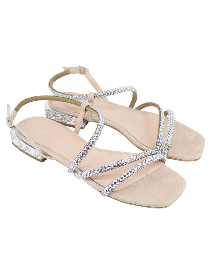 Spatarella Sandali Bassi Slingback Donna In Camoscio Beige Con Strass E Tacco Gioiello