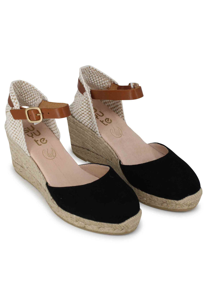 Spatarella Sandali Donna Espadrillas In Camoscio Nero Con Cinturino Alla Caviglia