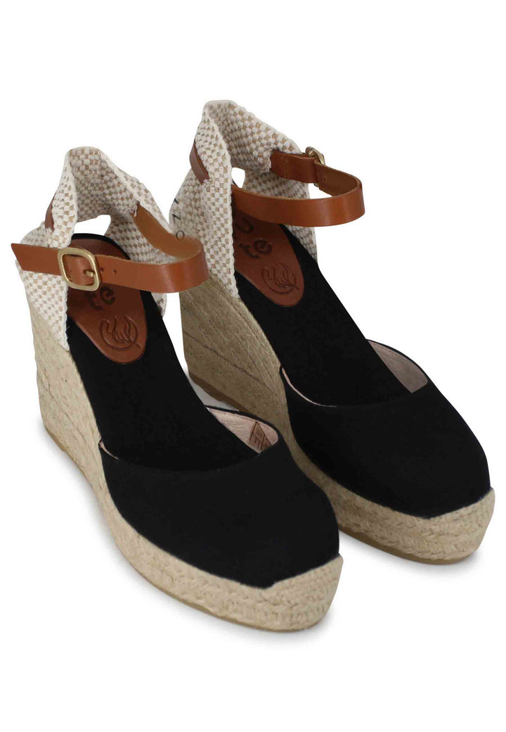 Spatarella Sandali Donna Espadrillas In Canapa Nera Con Cinturino In Pelle