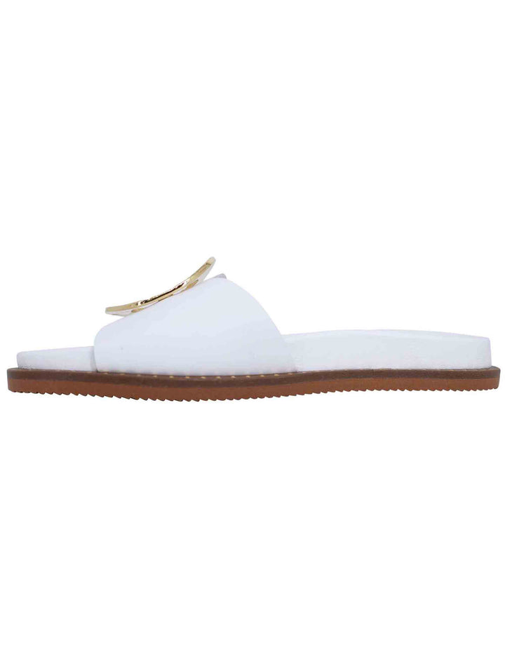 Spatarella Sandali Donna Flat In Pelle Bianca Con Fussbett E Fibbia In Oro