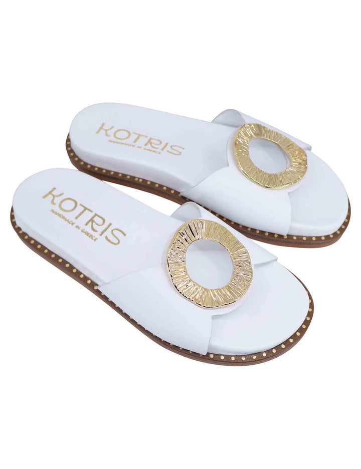 Spatarella Sandali Donna Flat In Pelle Bianca Con Fussbett E Fibbia In Oro