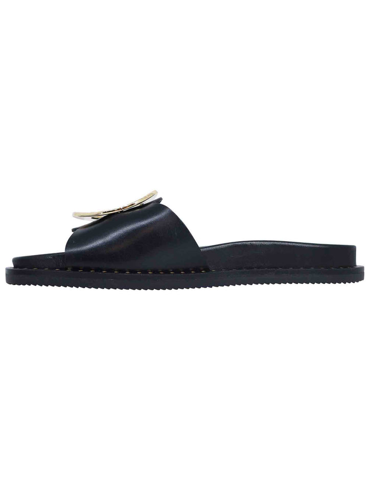 Spatarella Sandali Donna Flat In Pelle Nera Con Fussbett E Fibbia In Oro