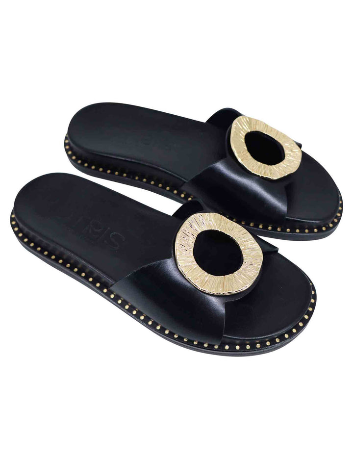 Spatarella Sandali Donna Flat In Pelle Nera Con Fussbett E Fibbia In Oro