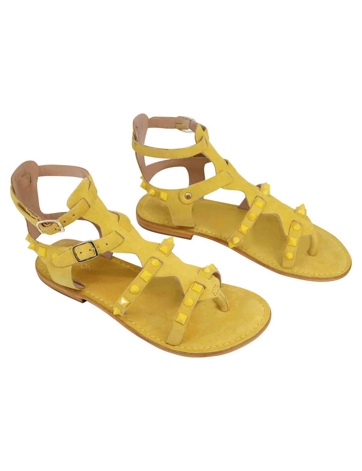 Spatarella Sandali Donna Gladiatore In Camoscio Giallo Con Suola Bassa In Cuoio